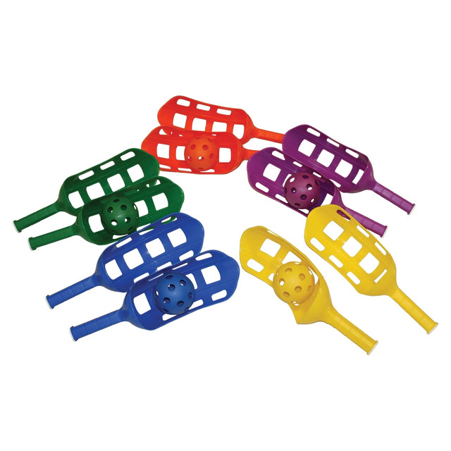 Set of 6 colors (1 pair of each) Red, Orange, Yellow, Green, Blue & Purple  Lightweight and durable plastic scoop is safe to use for all ages  Hollow platic ball prolongs air time for easy catching and throwing