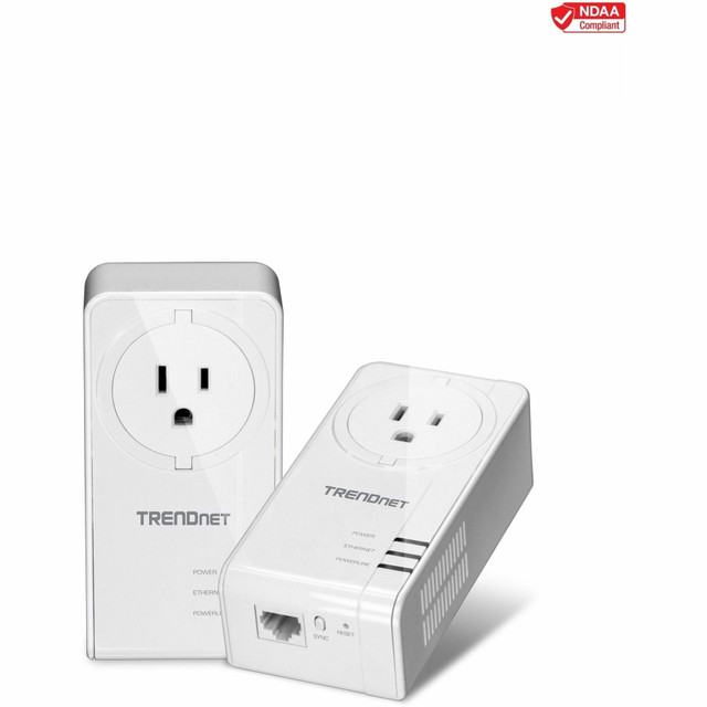 TRENDNET INC. TRENDnet TPL-423E2K  Powerline 1300 AV2 Adapter With Built-in Outlet Adapter Kit, Includes 2 x TPL-423E Adapters, IEEE 1905.1 & IEEE 1901, Gigabit Port, Range Up To 300m (984 ft), White, TPL-423E2K - Powerline 1300 AV2 Adapter Kit with 