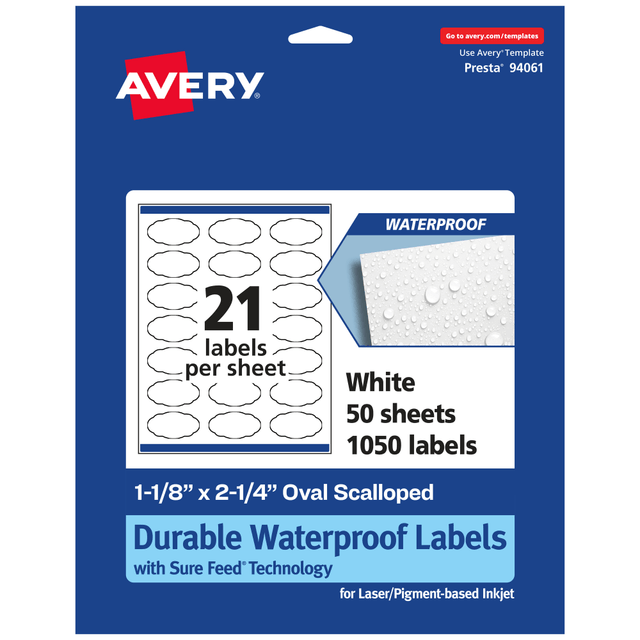 AVERY PRODUCTS CORPORATION 94061-WMF50 Avery Waterproof Permanent Labels With Sure Feed, 94061-WMF50, Oval Scalloped, 1-1/8in x 2-1/4in, White, Pack Of 1,050 AVERY PRODUCTS CORPORATION 94061-WMF50 Avery Waterproof Permanent Labels With Sure Feed, 94061-WMF50, Oval Scalloped, 1-1/8in x 2-1/4in, White, Pack Of 1,050