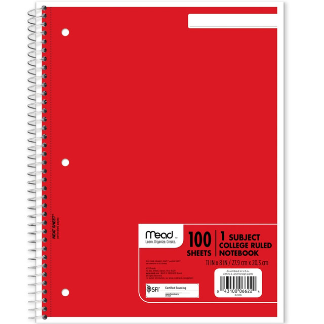 ACCO BRANDS USA, LLC 06622 Mead Spiral Notebook, 8in x 11in, 1 Subject, College Ruled, 200 Pages (100 Sheets), Assorted Colors ACCO BRANDS USA, LLC 06622 Mead Spiral Notebook, 8in x 11in, 1 Subject, College Ruled, 200 Pages (100 Sheets), Assorted Colors