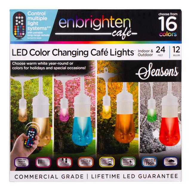 JASCO 39511 Enbrighten Seasons Vintage LED Cafe Lights, 24ft, Indoor/Outdoor, White Cord/Multicolor Lights