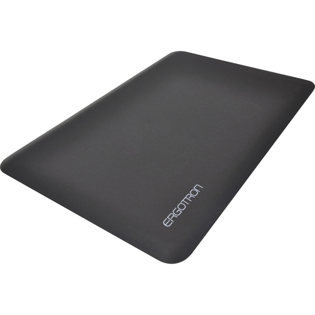 Create a comfortable space to stand while you work with this Ergotron WorkFit floor mat. The beveled edges create a smooth transition from your office floor to help prevent tripping hazards. An ergonomic design offers added comfort and may help reduce leg fatigue, and the durable construction offers lasting use. This Ergotron WorkFit floor mat boasts a closed-cell design, making it easy to clean.  Durable construction stands up to regular use in busy offices.  Beveled edge offers added safety.  Ergonomic floor mat provides comfort throughout extended shifts.  Simple design supports flexible placement in your workplace.