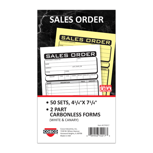 CONSOLIDATED STAMP MFG CO COSCO 074017  Sales Order Form Book Sets With Slips, 4-1/4in x 7-1/4in, 2-Part Carbonless, Pack Of 50 Sets