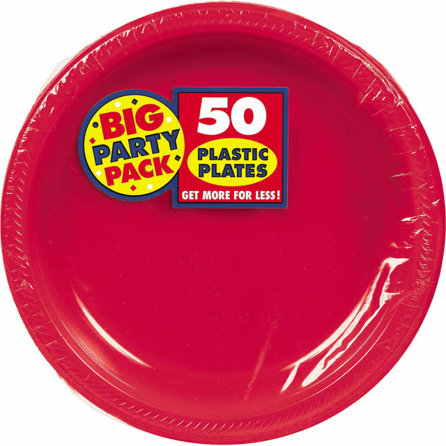 AMSCAN CO INC 630732.40 Amscan Plastic Plates, 10-1/4in, Apple Red, 50 Plates Per Big Party Pack, Set Of 2 Packs