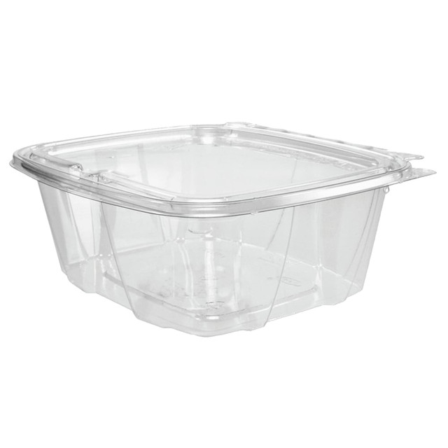 Keep these containers in your food-service area to make sure guests can carry out meals. The clear containers are made of sturdy plastic for dependable use and feature secure closures.  Made of plastic for strength at a light weight.  Secure closure keeps foods fresh and helps prevent spills.  Clear to let you view the contents.  Stackable to conserve space.