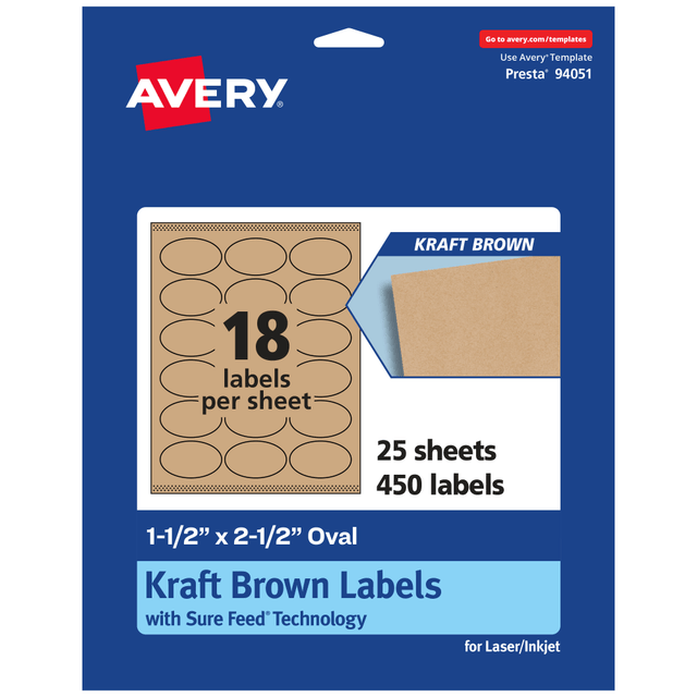 AVERY PRODUCTS CORPORATION 94051-KMP25 Avery Kraft Permanent Labels With Sure Feed, 94051-KMP25, Oval, 1-1/2in x 2-1/2in, Brown, Pack Of 450 AVERY PRODUCTS CORPORATION 94051-KMP25 Avery Kraft Permanent Labels With Sure Feed, 94051-KMP25, Oval, 1-1/2in x 2-1/2in, Brown, Pack Of 450