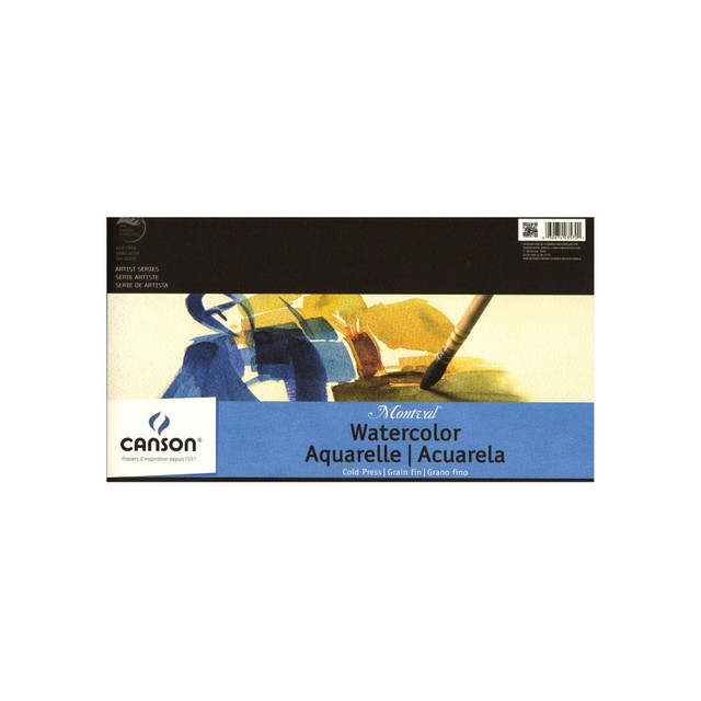 Canson paper is great for art students perfecting a variety of painting techniques. Use this cold-pressed, Montval paper with watercolor, acrylic or gouache paints.  Supports pencil work, as well as watercolor, acrylic and gouache painting.  Cold-pressed, natural white paper is sized in the pulp for strength and durability.  Enjoy stable, accurate color performance.  Acid-free, buffered paper is resistant to yellowing, fading and mildew.  Tape-bound pads of watercolor paper, size 10in x 15in, contain 12 sheets of paper each and come in a pack of 2.