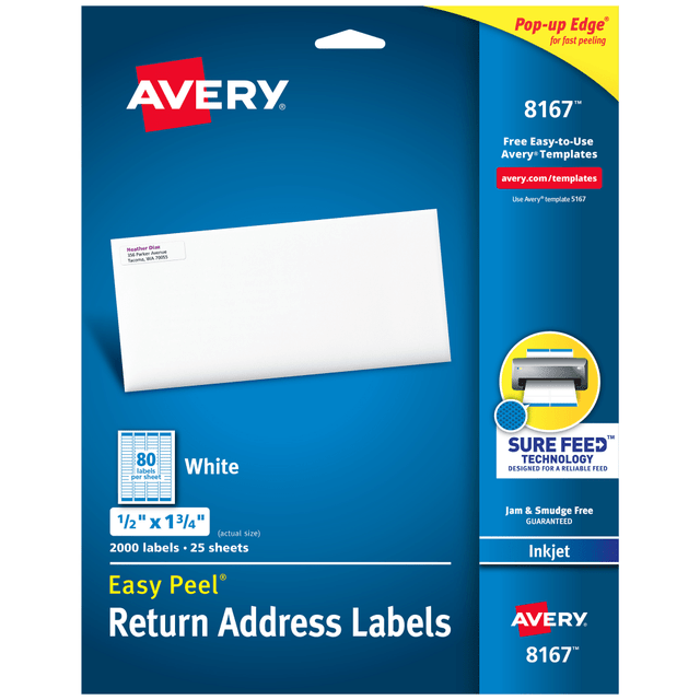 AVERY PRODUCTS CORPORATION 8167 Avery Easy Peel Address Labels With Sure Feed Technology, 8167, Rectangle, 1/2in x 1-3/4in, Matte White, Pack Of 2,000 AVERY PRODUCTS CORPORATION 8167 Avery Easy Peel Address Labels With Sure Feed Technology, 8167, Rectangle, 1/2in x 1-3/4in, Matte White, Pack Of 2,000