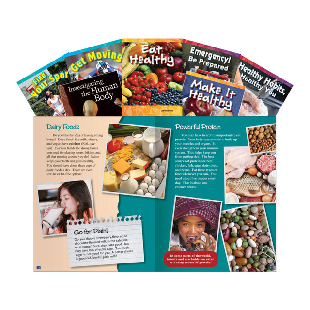 Filled with informative text and attention-grabbing pictures, this book set provides young readers with a wealth of knowledge on a wide range of health-focused topics. The 7-book set helps keep your classroom library filled with fun, engaging material to encourage students to read all year round.  Fun, colorful texts are packed with information that keeps your students eager to keep reading.  Designed for students in grades 3 to 5.  7-book set includes titles such as Make It Healthy, Find Your Sport, Emergency! Be Prepared, Eat Healthy, Get Moving, Healthy Habits, Healthy You and Investigating the Human Body. Each book is 32 pages of interesting, educational photos and text.