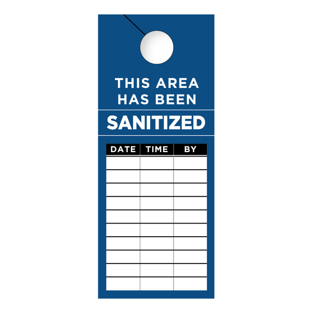 CONSOLIDATED STAMP MFG CO 098467PK50 COSCO This Area Has Been Sanitized Door Hanger Signs, 3-1/2in x 8-1/2in, Blue/Black/White, Pack Of 50 Signs