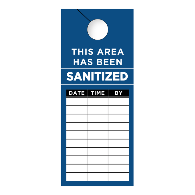 CONSOLIDATED STAMP MFG CO COSCO 098467PK50  This Area Has Been Sanitized Door Hanger Signs, 3-1/2in x 8-1/2in, Blue/Black/White, Pack Of 50 Signs