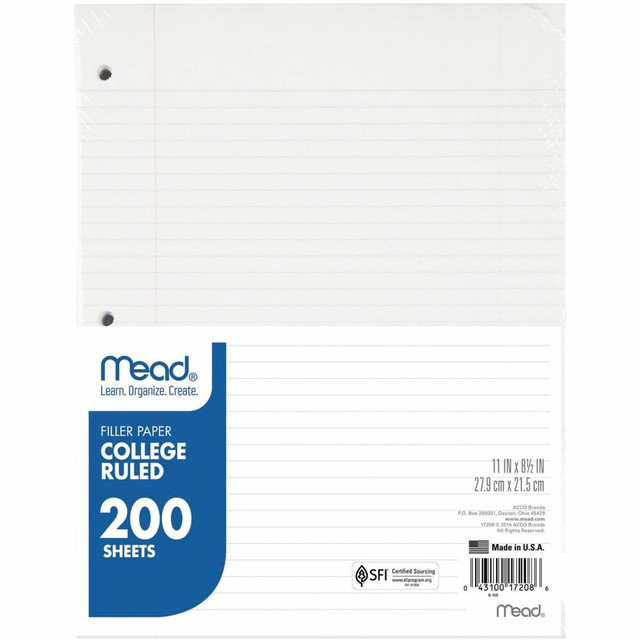 ACCO BRANDS USA, LLC 17208 Mead Notebook Filler Paper - Letter - 200 Sheets - Spiral - 0.31in Ruled - Ruled Red Margin - 16 lb Basis Weight - Letter - 8 1/2in x 11in - White Paper - 200 / Pack