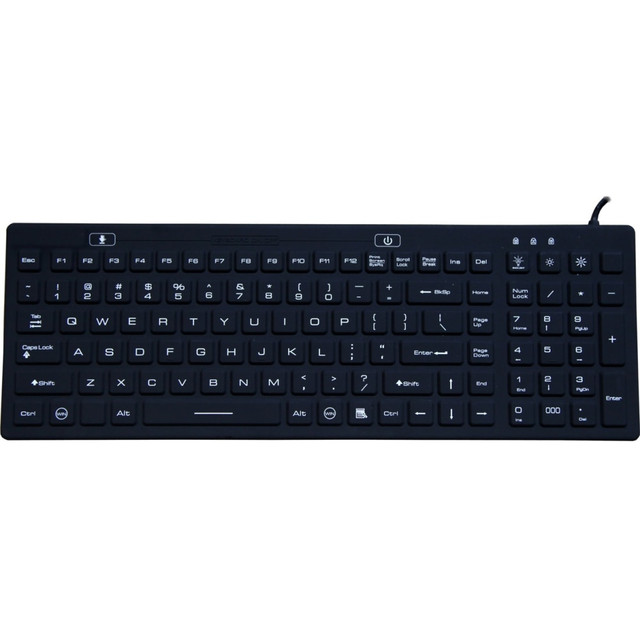 CALIFONE INTERNATIONAL, INC. KB-JH-IKB106BL DSI WATERPROOF IP68 SILICONE FULL SIZE KEYBOARD WITH LED BACKLIT - Cable Connectivity - USB Interface - 100 Key - TouchPad - Windows - Black