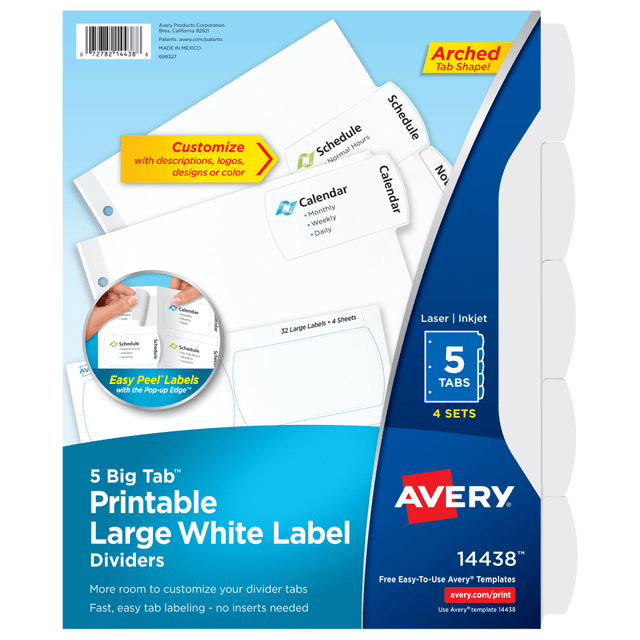 AVERY PRODUCTS CORPORATION 11438 Avery Big Tab Printable Large Label Dividers With Easy Peel, 8 1/2in x 11in, 5 Tab, White, Pack Of 4