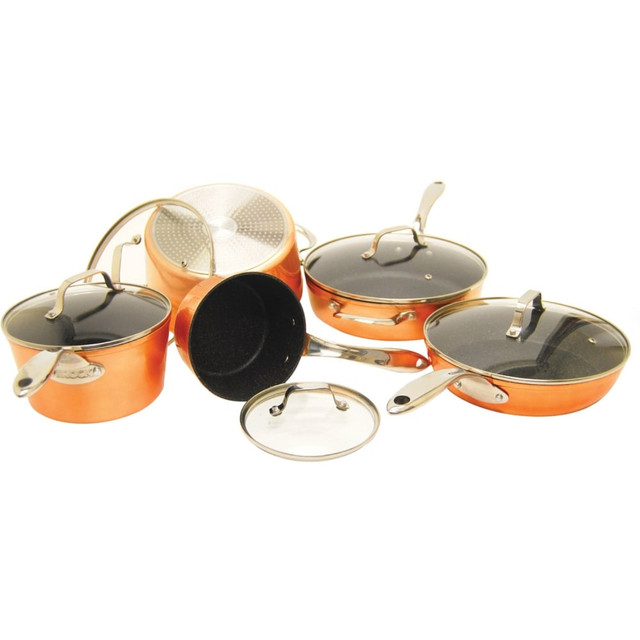 STARFRIT USA INC 030910-001-STAR The Rock Cookware - 1.5 quart Saucepan, 3.1 quart Saucepan, 5.1 quart Stockpot, 10in Diameter Frying Pan, 11in Diameter Deep Frying, Lid - Stainless Steel Handle, Forged Aluminum Base, Copper - Cooking, Frying - Oven 