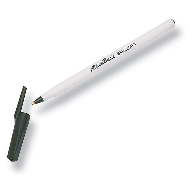 NATIONAL INDUSTRIES FOR THE BLIND SKILCRAFT 4845267  Stick Pens, Medium Point, White Barrel, Black Ink, Pack Of 12 Pens
