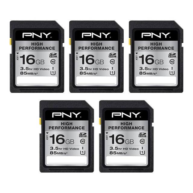 PNY TECHNOLOGIES, INC. P-SDHC16GX5U1GW-MP PNY High-Performance Class 10 U1 SDHC Flash Memory Cards, 16GB, Pack Of 5 Memory Cards, P-SDHC16GX5U1GW-MP