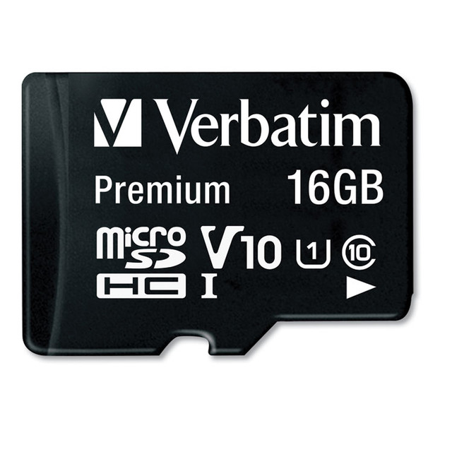 VERBATIM CORPORATION 44082 16GB Premium microSDHC Memory Card with Adapter, UHS-I V10 U1 Class 10, Up to 80MB/s Read Speed