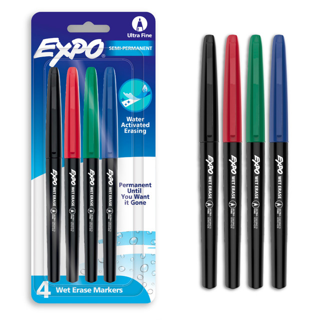 Label, plan, and organize with EXPO Wet Erase Markers. Depend on these EXPO Markers for writing or drawing on whiteboards, hard plastic, laminated sheets, and other nonporous surfaces. The wet erase markers feature ink that easily wipes off with a damp cloth and an ultra fine tip for detailed marks.  EXPO Wet Erase markers that easily wipe off with a damp cloth  For use with whiteboards, hard plastic, laminated sheets, and other nonporous surfaces  Works great on calendar dry erase boards, plastic bins and dry food storage containers  Ultra Fine tip for detailed lines that stand out  Comes in a box of 4 assorted colors.  Odorless, AP-certified nontoxic ink.  Water Activated Erasing  ACMI Certified AP Nontoxic. For detailed information see www.acmiart.org.  Less harsh chemicals - made with fewer harsh chemicals, or safer chemicals than typical alternatives, helping  reduce your use of and exposure to substances that may be more harmful to your health and the environment.