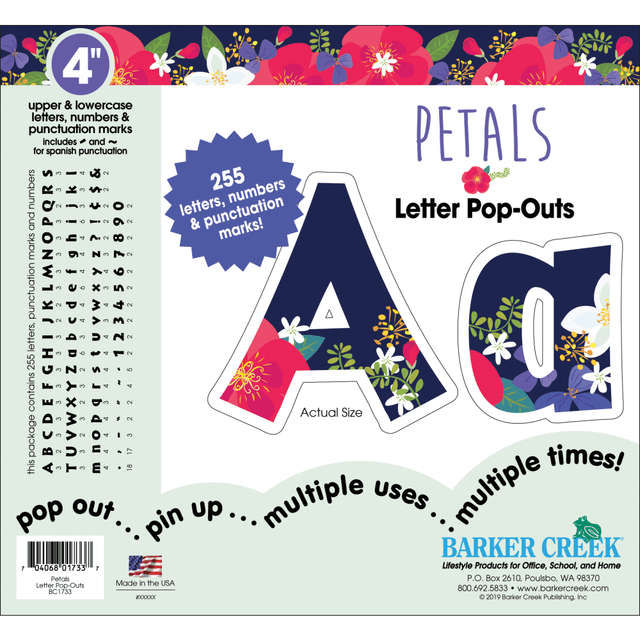 Barker Creek Letter Pop-Outs add a splash of color and creativity to the classroom. They are perfect for decorating bulletin boards, displays and posters.  Includes a well-researched assortment of letters, numbers and punctuation marks. Also includes Spanish punctuation marks.  Recommended for students of all ages.  Characters are decorated with lovely flowers with magenta, lilac and white hues.