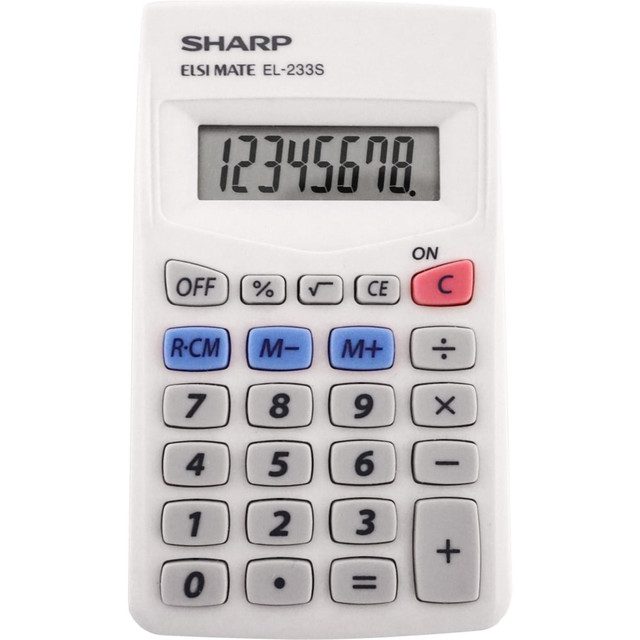 Compute basic arithmetic calculations accurately with this Sharp 8-digit pocket calculator. Twin power supply from solar and the internal battery ensures uninterrupted use, while the slanting large screen display enhances output visibility. The large keys help eliminate errors when entering input values. This Sharp 8-digit pocket calculator feature punctuation for easy output reading, and the 8-digit capacity permits the display of large values of numbers.  LCD screen displays up to 8 digits.  Decimal point select function produces the desired number of decimal places.  Recalls the last answer for subsequent use.  Slanting display enhances visibility.  Twin power from solar and battery for uninterrupted use.