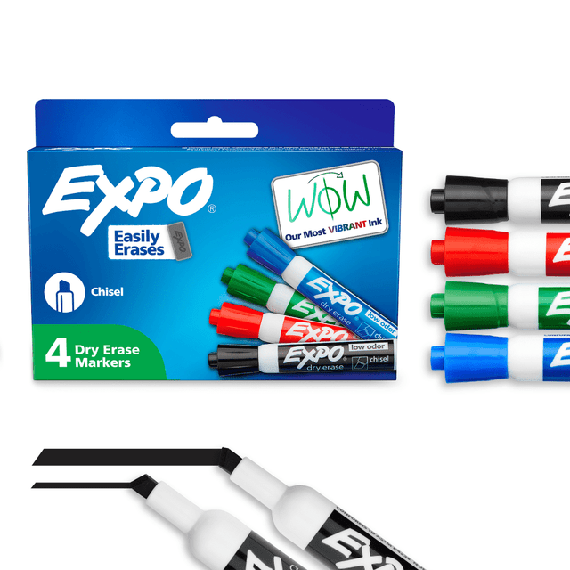 NEWELL BRANDS INC. 80074 EXPO Low-Odor Dry-Erase Markers, Chisel Point, Assorted Colors, Pack Of 4 NEWELL BRANDS INC. 80074 EXPO Low-Odor Dry-Erase Markers, Chisel Point, Assorted Colors, Pack Of 4
