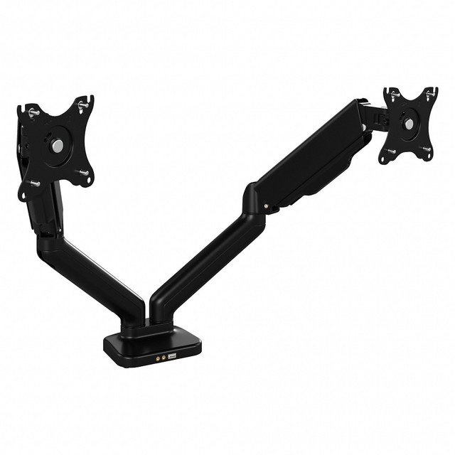 This Adjustable Dual Monitor Arm with USB Port features a commercial-quality design thats ergonomically friendly and built to withstand the rigors of a professional workspace. Use the dual monitor mount to give your back and neck a break by lifting, tilting, swiveling and rotating your screen into the ideal position for long-lasting comfort.  Dual Monitor Arm accommodates two 17 to 32in computer screens weighing up to 20 lb each.  Ergonomic design allows you to lift, tilt, swivel and rotate your monitors to the perfect position.  Includes a USB 2.0 port, mic port and headphone port with convenient cable management.  Accepts both flat and curved computer screens.  Compatible with 75 x 75 mm and 100 x 100 mm VESA size standards.  Satin Black finish works well in virtually every office environment.  See the full line of commercial-grade Bush Business Furniture products for a complete workspace solution.  Backed by the Bush Business Furniture 1-Year Manufacturers Warranty. For additional information, please visit www.bushbusinessfurniture.com/ReturnsExchanges  Assembly Required.  Standard Delivery Service. Furniture is delivered unassembled.  Assembled Dimensions: 36-3/4inW x 4-1/2inD x 16-1/8inH