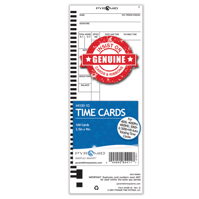PYRAMID TECHNOLOGIES INC. 44100-10 Pyramid Time System - 100/PK Authentic Time Cards [44100-10] for Pyramid 4000, 4000ProK, 4000HD, 5000 & 5000HD Series, Time Sheets for Auto Totaling Time Clocks (3.5 x 9 in)