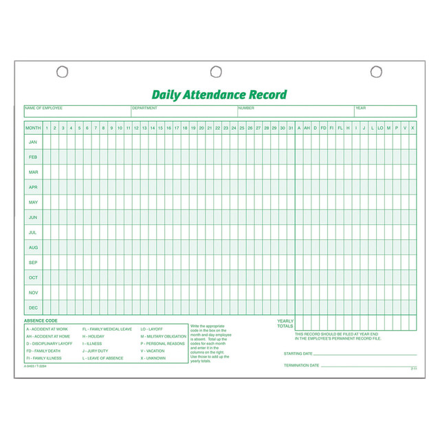 TOPS BUSINESS FORMS TOPS 3284  Daily Attendance Record, 8 1/2in x 11in, Pack Of 50