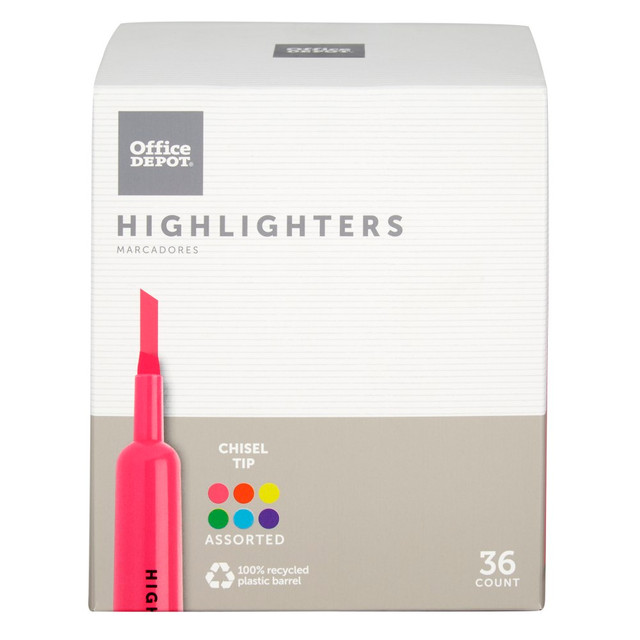 OFFICE DEPOT HY106605-ASST-36  Brand Chisel-Tip Highlighter, 100% Recycled Plastic Barrel, Assorted Fluorescent Colors, Pack Of 36