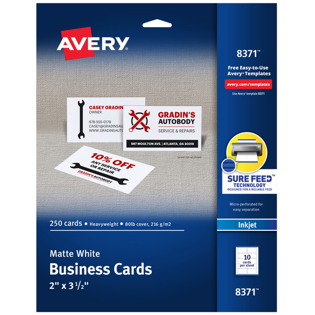AVERY PRODUCTS CORPORATION 8371 Avery Printable Business Cards With Sure Feed Technology For Inkjet Printers, 2in x 3.5in, White, 250 Blank Cards AVERY PRODUCTS CORPORATION 8371 Avery Printable Business Cards With Sure Feed Technology For Inkjet Printers, 2in x 3.5in, White, 250 Blank Cards