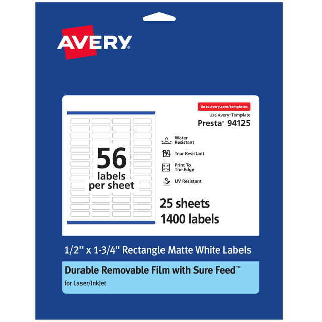 AVERY PRODUCTS CORPORATION 94125-DRF25 Avery Durable Removable Labels With Sure Feed, 94125-DRF25, Rectangle, 1/2in x 1-3/4in, White, Pack Of 1,400