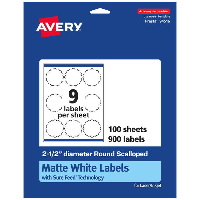 AVERY PRODUCTS CORPORATION 94516-WMP100 Avery Permanent Labels With Sure Feed, 94516-WMP100, Round Scalloped, 2-1/2in Diameter, White, Pack Of 900 AVERY PRODUCTS CORPORATION 94516-WMP100 Avery Permanent Labels With Sure Feed, 94516-WMP100, Round Scalloped, 2-1/2in Diameter, White, Pack Of 900