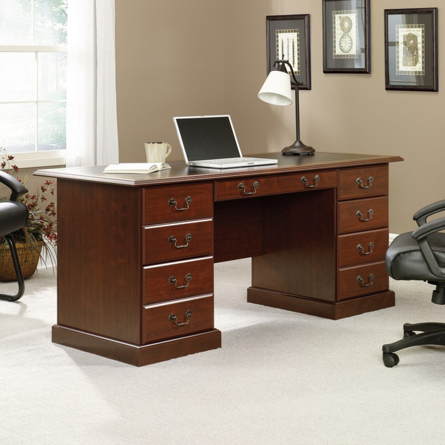 SAUDER WOODWORKING CO. 402159 Sauder Heritage Hill 65inW Double-Pedestal Writing Desk, Classic Cherry