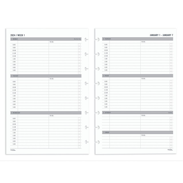 OFFICE DEPOT TUL TULJRFLR-TIME-RY24 2024 TUL Discbound Weekly Planner Refill Pages, Hourly Appointment Times, Junior Size, January To December