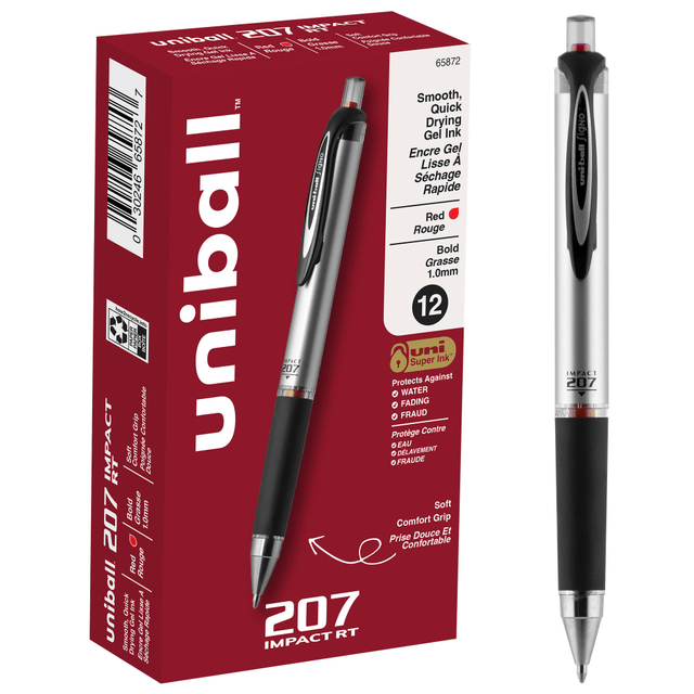 NEWELL BRANDS INC. 65872DZ uni-ball RT Gel Pens, 207 Impact, Bold Point, 1.0 mm, Gray Barrel, Red Ink, Pack Of 12 NEWELL BRANDS INC. 65872DZ uni-ball RT Gel Pens, 207 Impact, Bold Point, 1.0 mm, Gray Barrel, Red Ink, Pack Of 12
