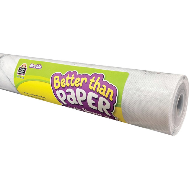 Go all out with your classroom decorations using Better Than Paper Bulletin Board Paper. Made by Teacher Created Resources, this paper is designed to prevent wrinkles, tears and staple holes. Plus, its easy to hang and features a stylish design thats sure to delight colleagues and students alike.  Durable non-woven fabric resists wear and tear. Staple holes are concealed for a clean look.  Lightweight and easy to hang up.  Includes 4 rolls to cover multiple bulletin boards around the classroom.  To clean, simply use a damp cloth.
