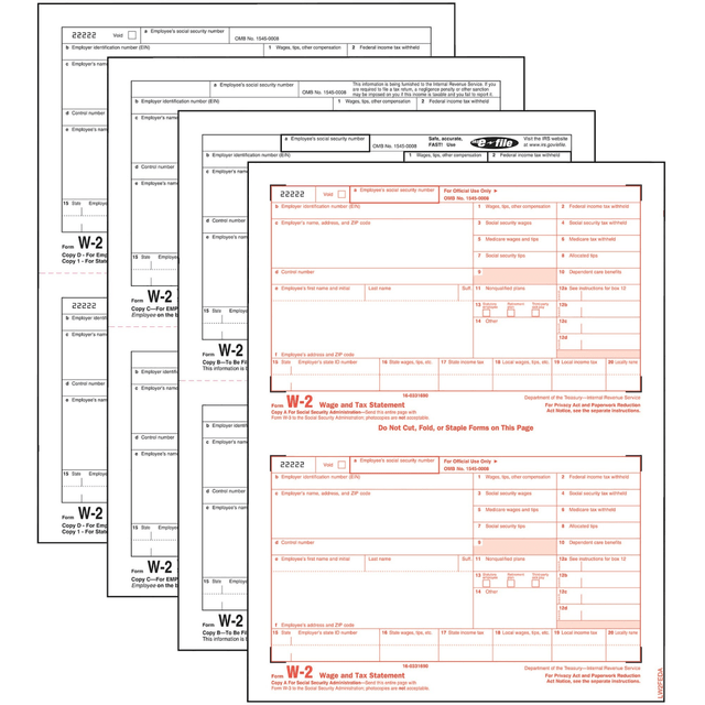 TOPS BUSINESS FORMS 22990 TOPS Laser W-2 Forms Kits, 5 1/2in x 8 1/2in, 4-Part, White, Pack Of 50