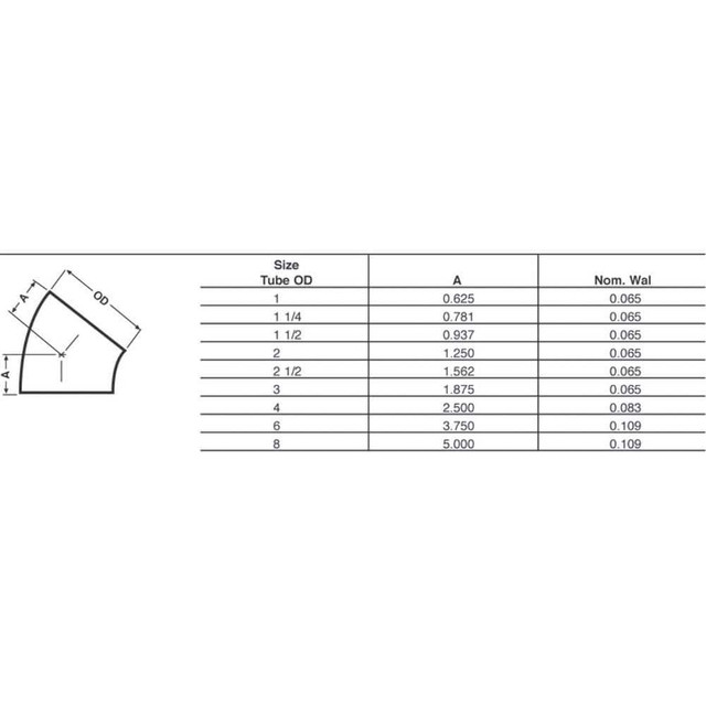 VNE E2WK-6L2.0 Sanitary Stainless Steel Pipe 45 ° Elbow, 2", Butt Weld Connection