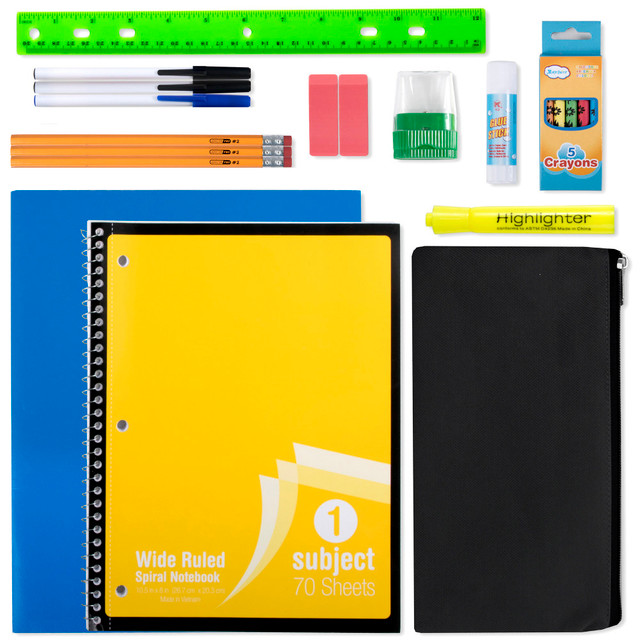 Keep your students fully stocked up on supplies for the school year with Trailmaker 20-Piece School Supply Kits. Each kit includes a variety of supplies for students in grades kindergarten through 12th.  Each kit includes a 1-subject spiral notebook, a 2-pocket organizer folder, a zip top canvas pencil case, three #2 pencils, 3 ballpoint ink pens, 5 crayons, 1 highlighter, a 12in ruler, 1 twist-up glue stick, 1 pencil sharpener with dome lid and 2 erasers.  Ideal for students from grades K-12.