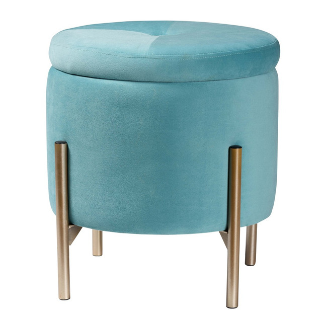 WHOLESALE INTERIORS, INC. Baxton Studio 2721-12220  Malina Velvet Round Storage Ottoman, Sky Blue/Gold