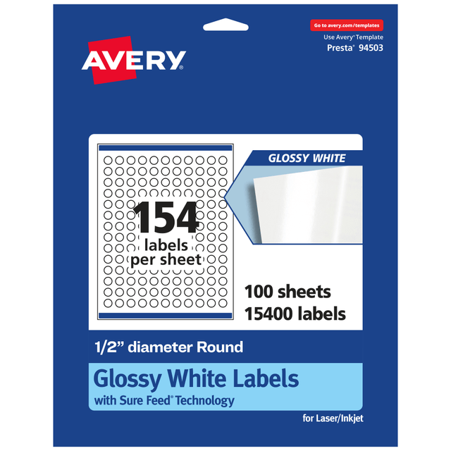 AVERY PRODUCTS CORPORATION 94503-WGP100 Avery Glossy Permanent Labels With Sure Feed, 94503-WGP100, Round, 1/2in Diameter, White, Pack Of 15,400 AVERY PRODUCTS CORPORATION 94503-WGP100 Avery Glossy Permanent Labels With Sure Feed, 94503-WGP100, Round, 1/2in Diameter, White, Pack Of 15,400