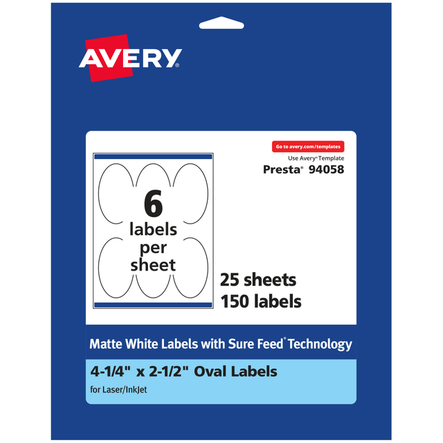 AVERY PRODUCTS CORPORATION 94058-WMP25 Avery Permanent Labels With Sure Feed, 94058-WMP25, Oval, 4-1/4in x 2-1/2in, White, Pack Of 150
