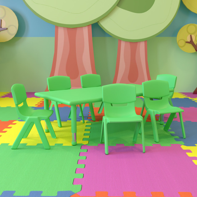 FLASH FURNITURE YCX13RECTBLGNE Plastic Height-Adjustable Rectangular Activity Table with 6 Chairs, 23-1/2inH x 24ft"W x 48ft-d, Green FLASH FURNITURE YCX13RECTBLGNE Plastic Height-Adjustable Rectangular Activity Table with 6 Chairs, 23-1/2inH x 24ft"W x 48ft-d, Green
