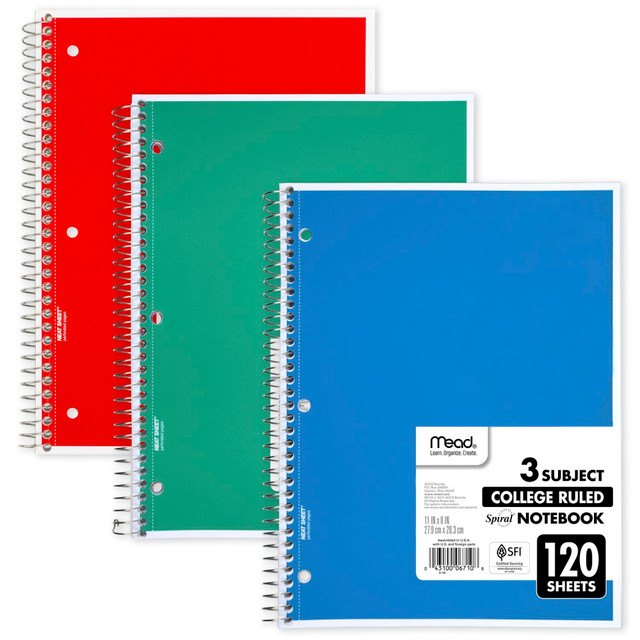 MEADWESTVACO CORP 6710 Mead Wirebound Notebook, 8in x 11in, 3 Subject, 120 Sheets, Assorted Colors