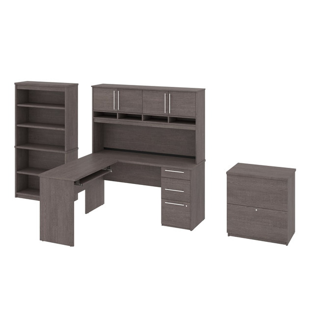 BESTAR INC. 92853-000047 Bestar Innova U- Or L-Shaped Desk With Hutch, Lateral File Cabinet And Bookcase, Bark Gray