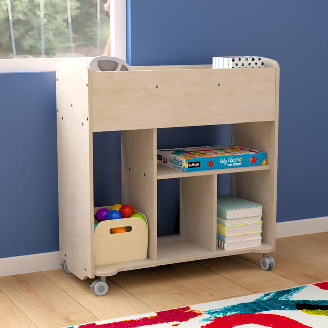FLASH FURNITURE MKKE24244 Bright Beginnings Commercial Double-Sided Space Saving Wooden Mobile Storage Cart With Locking Caster Wheels, 33-1/2inH x 31-1/2inW x 13inD, Beech FLASH FURNITURE MKKE24244 Bright Beginnings Commercial Double-Sided Space Saving Wooden Mobile Storage Cart With Locking Caster Wheels, 33-1/2inH x 31-1/2inW x 13inD, Beech
