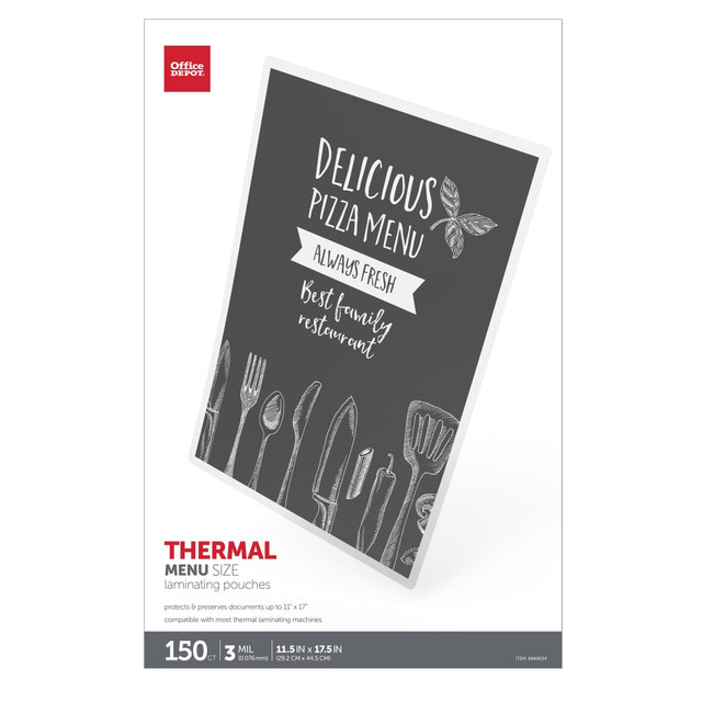 OFFICE DEPOT WZ026 Brand Laminating Pouches, Menu Size, 3 mil, 11-1/2in x 17-1/2in, Pack Of 150 Pouches OFFICE DEPOT WZ026 Brand Laminating Pouches, Menu Size, 3 mil, 11-1/2in x 17-1/2in, Pack Of 150 Pouches