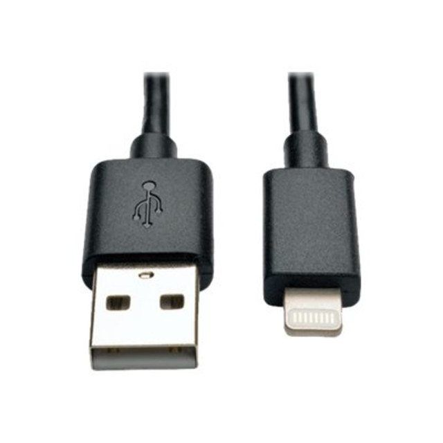Tripp Lite's M100-10N-BK-10 is a 10-piece bulk pack of 10-inch black USB Sync / Charge Cable with Lightning connector allows for uploading and downloading data, while charging the devices at the same time. Cable is MFi-certified for use with the latest generation of iPhone, iPad and iPod devices. Reversible Lightning connector allows plug-ability in either direction to the device.