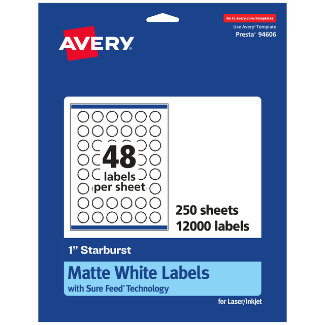 AVERY PRODUCTS CORPORATION 94606-WMP250 Avery Permanent Labels With Sure Feed, 94606-WMP250, Starburst, 1in, White, Pack Of 12,000 AVERY PRODUCTS CORPORATION 94606-WMP250 Avery Permanent Labels With Sure Feed, 94606-WMP250, Starburst, 1in, White, Pack Of 12,000
